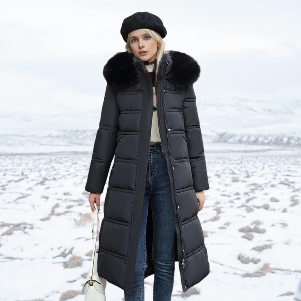 Women's Puffer Coat with Quilted Design Faux Fur Hood Long Length - Image 4