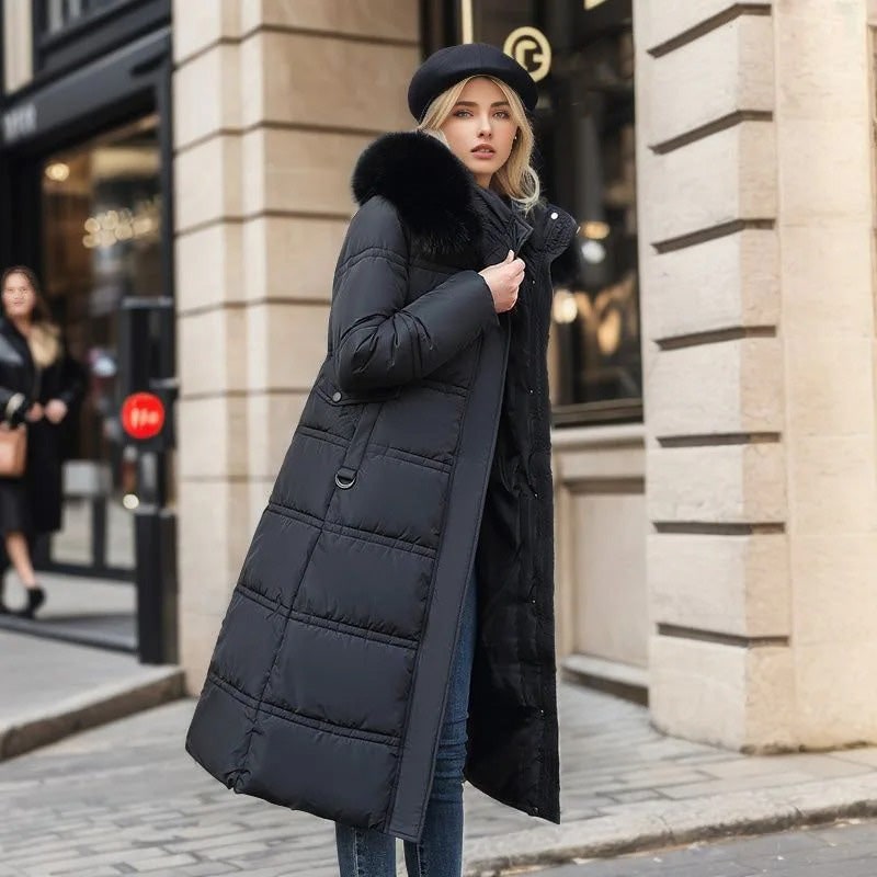 Women's Puffer Coat with Quilted Design Faux Fur Hood Long Length - Image 5