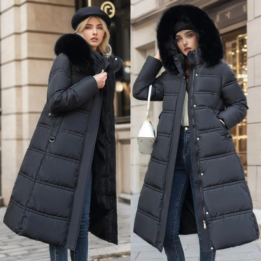 Women's Puffer Coat with Quilted Design Faux Fur Hood Long Length - Image 6