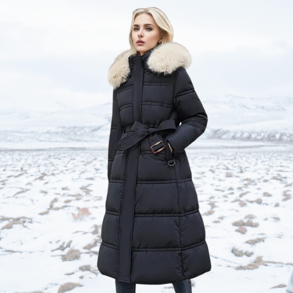 Women's Puffer Coat with Quilted Design Faux Fur Hood Long Length - Image 7