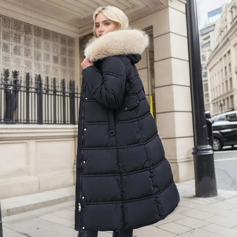 Women's Puffer Coat with Quilted Design Faux Fur Hood Long Length - Image 8
