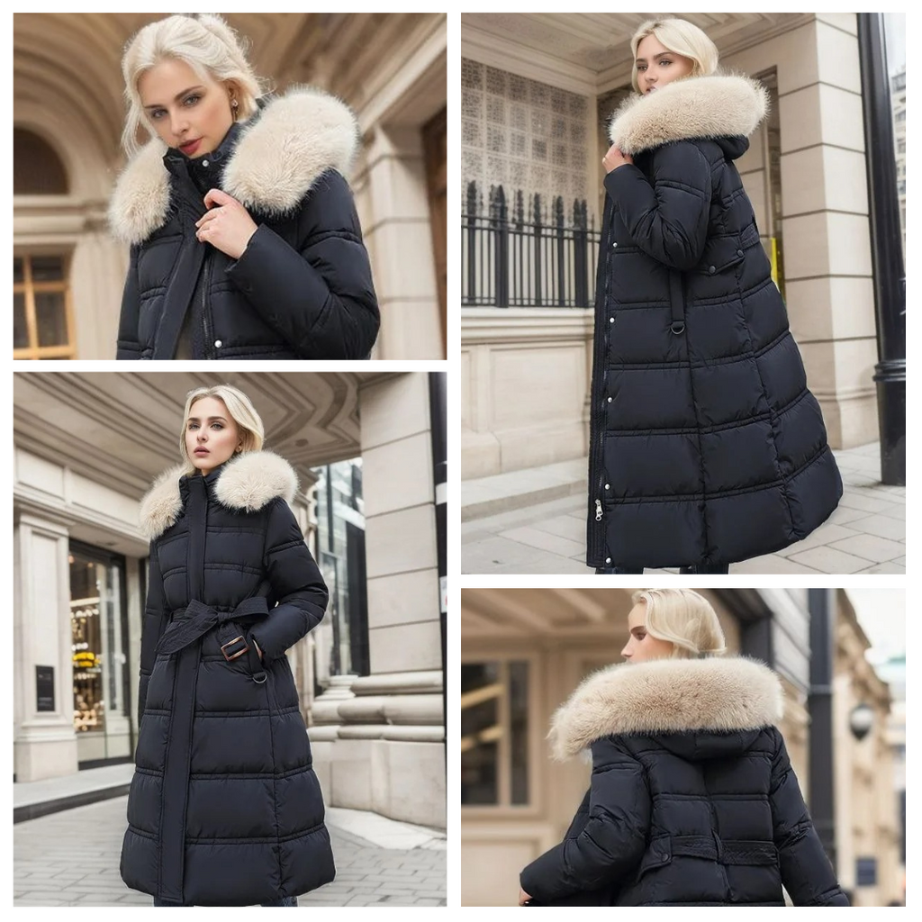 Women's Puffer Coat with Quilted Design Faux Fur Hood Long Length - Image 9