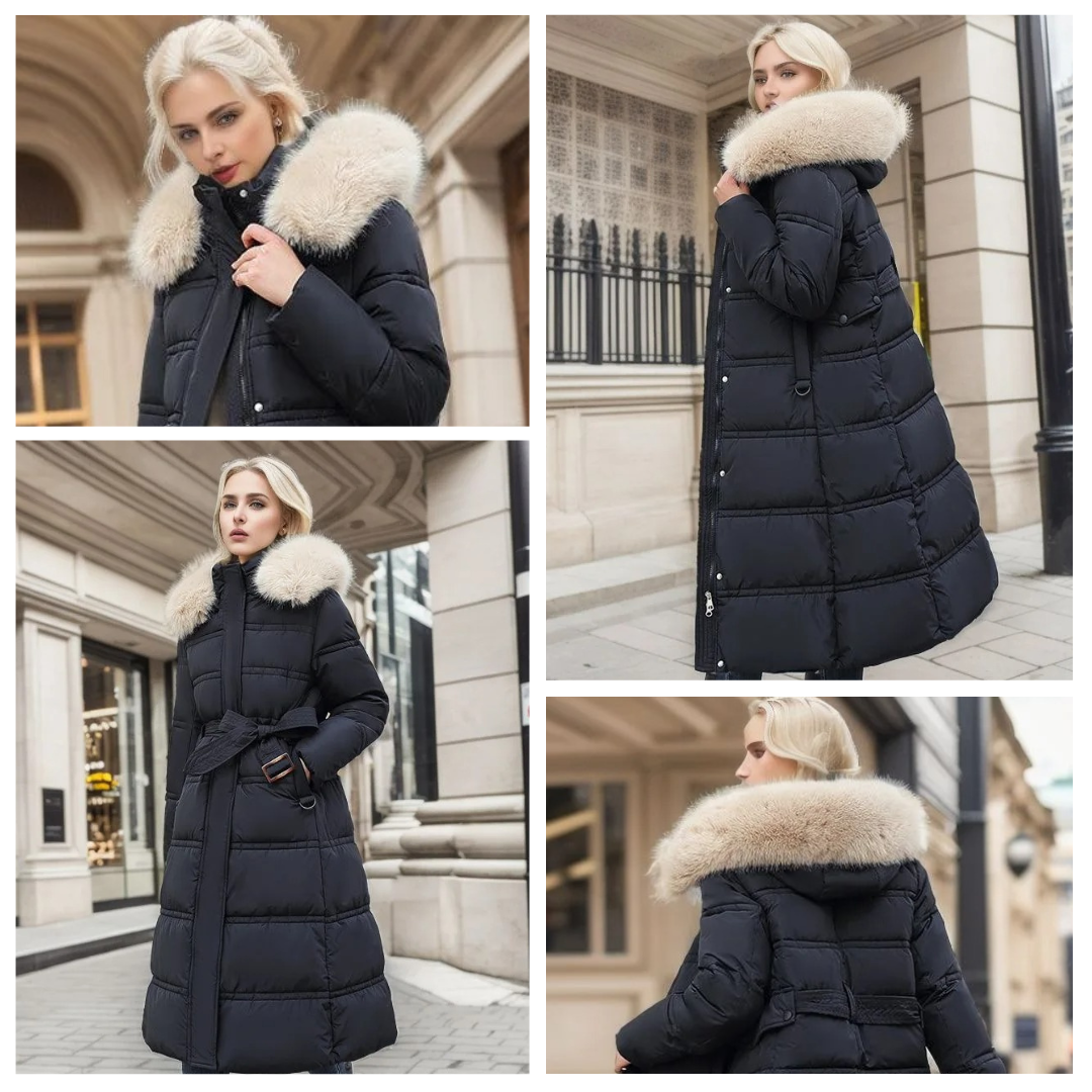 Women's Puffer Coat with Quilted Design Faux Fur Hood Long Length - Image 9