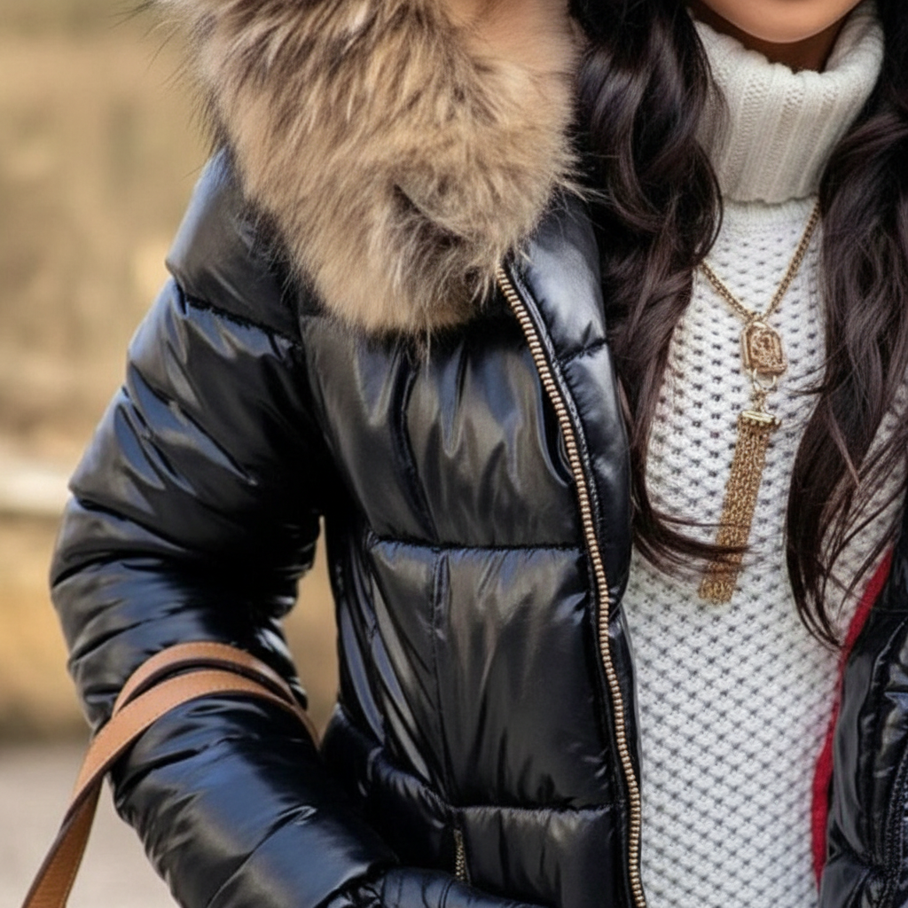 Women's Quilted Puffer Jacket with Faux Fur Hood and Zip Pockets Winter Coat - Image 5