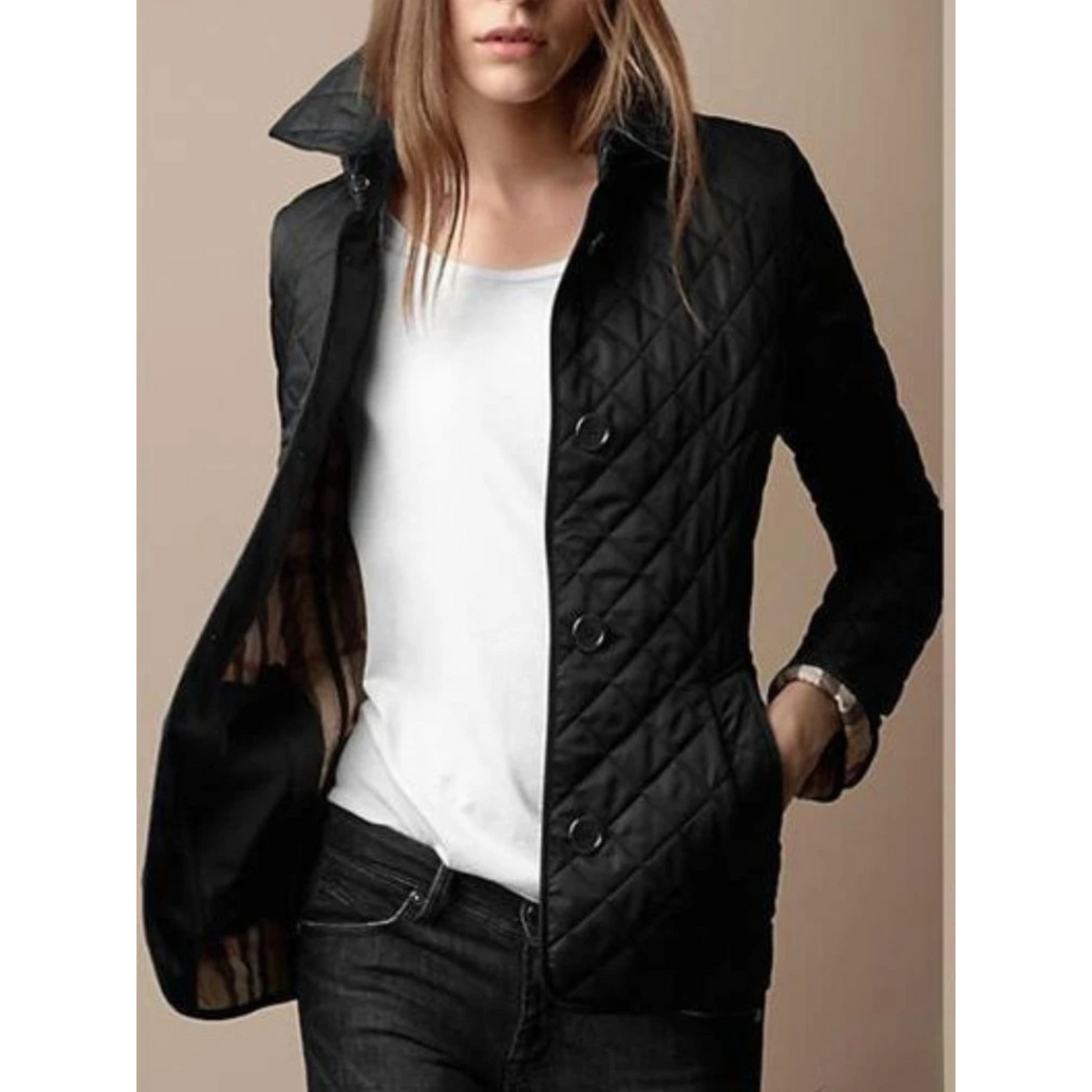 Women's Quilted Puffer Jacket with Turned-Down Collar and Plaid Lining - Image 1