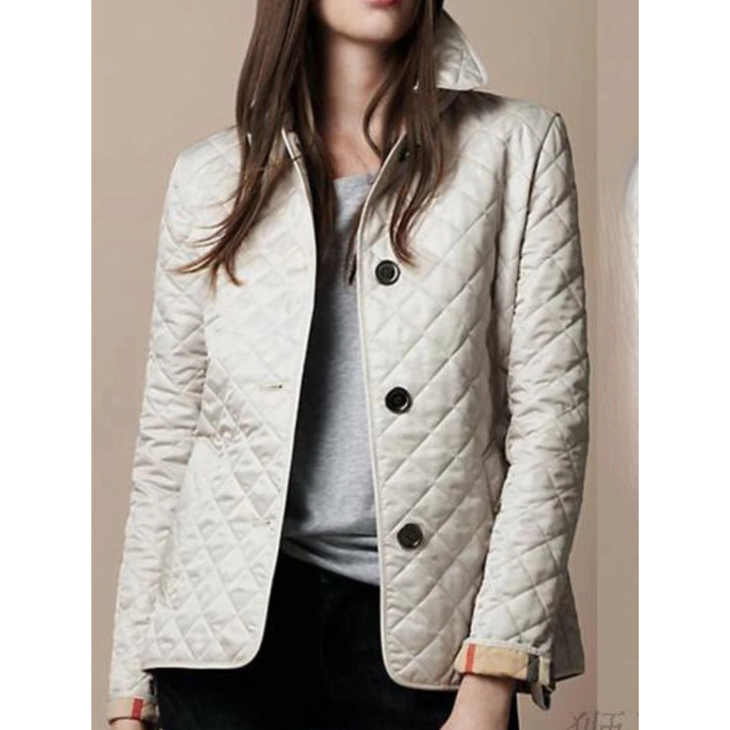 Women's Quilted Puffer Jacket with Turned-Down Collar and Plaid Lining - Image 3