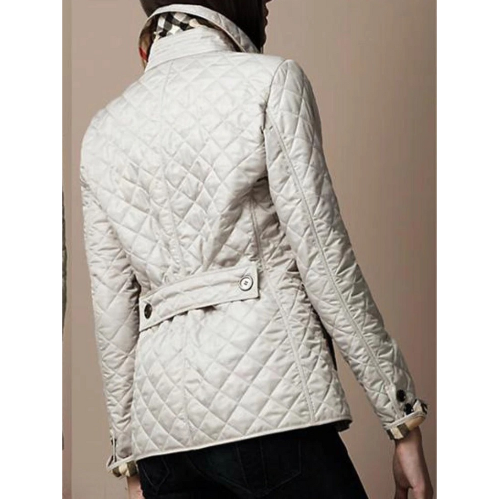 Women's Quilted Puffer Jacket with Turned-Down Collar and Plaid Lining - Image 4