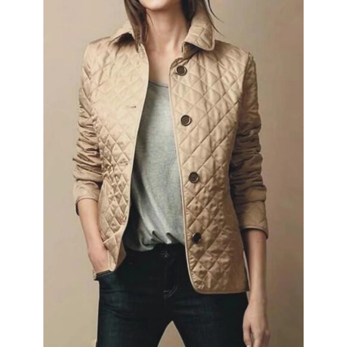 Women's Quilted Puffer Jacket with Turned-Down Collar and Plaid Lining - Image 5