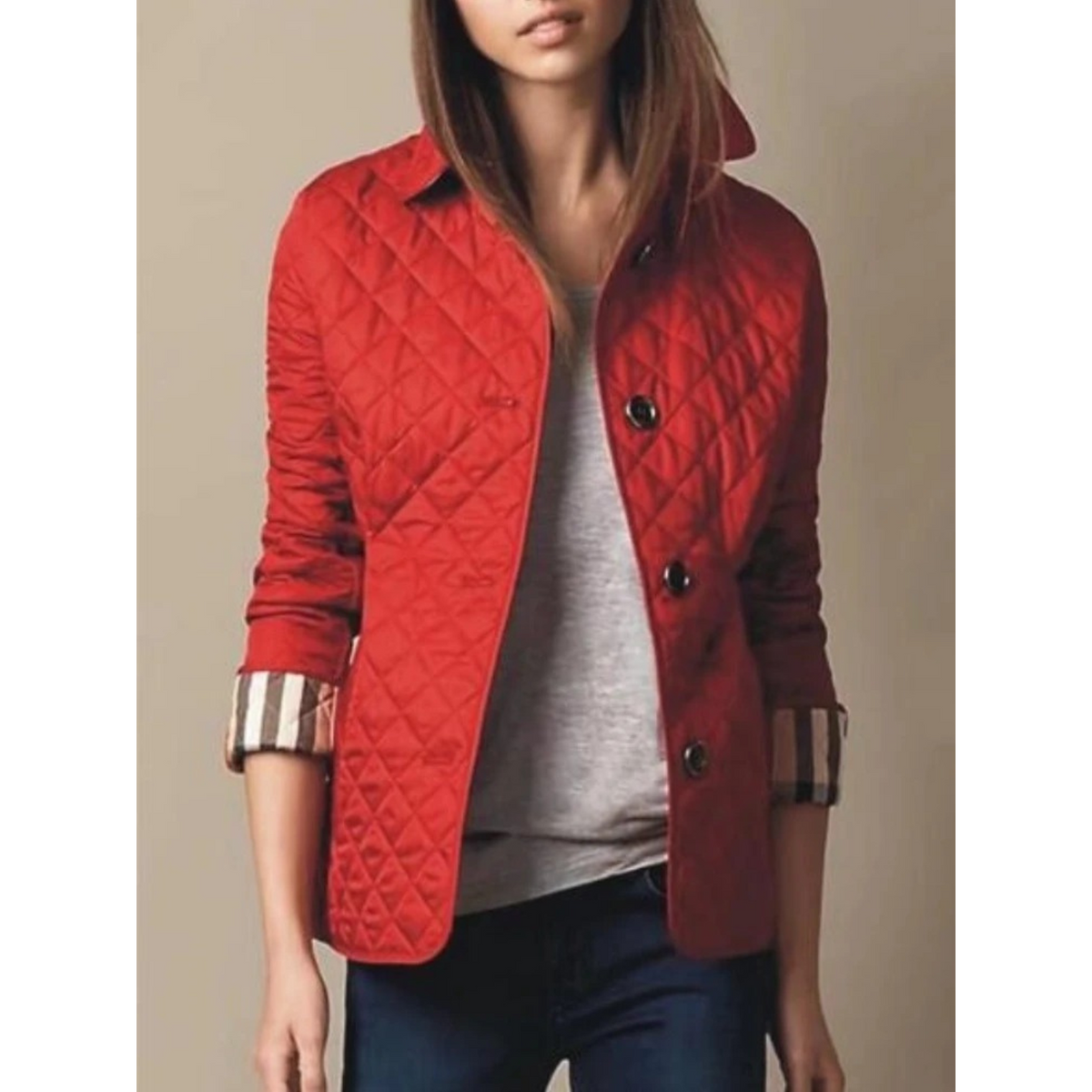 Women's Quilted Puffer Jacket with Turned-Down Collar and Plaid Lining - Image 6