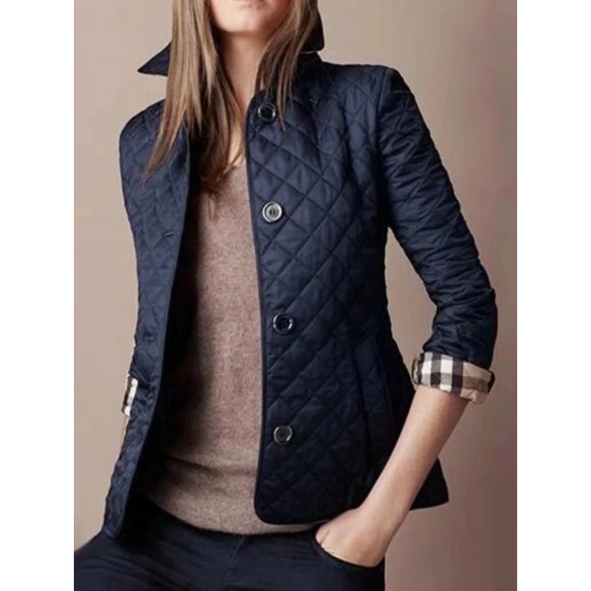 Women's Quilted Puffer Jacket with Turned-Down Collar and Plaid Lining - Image 7