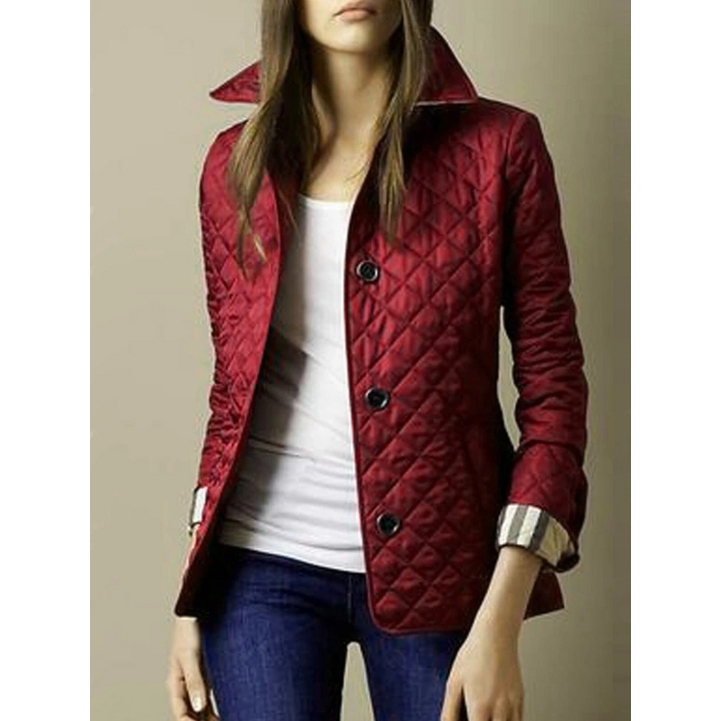 Women's Quilted Puffer Jacket with Turned-Down Collar and Plaid Lining - Image 8