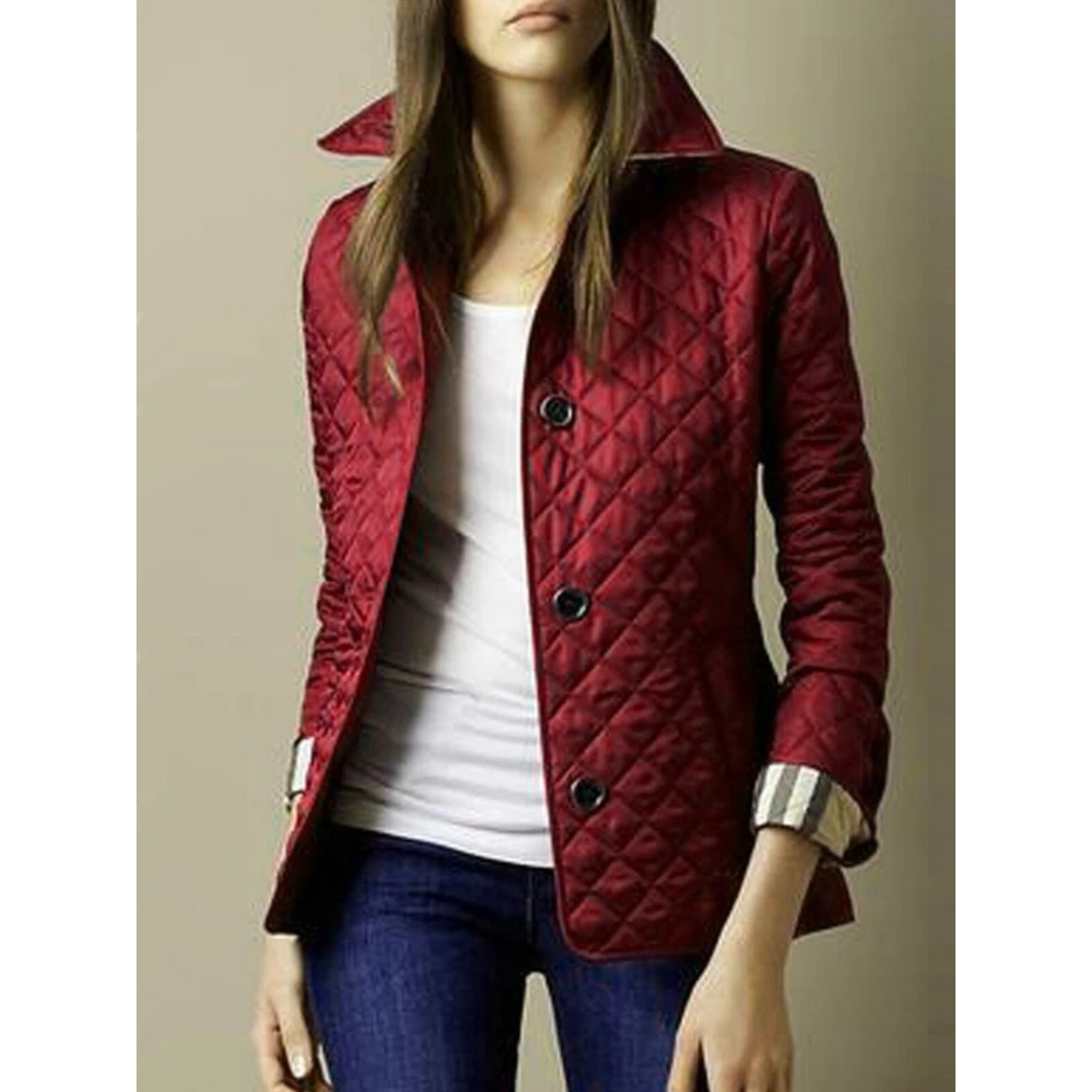 Women's Quilted Puffer Jacket with Turned-Down Collar and Plaid Lining - Image 8