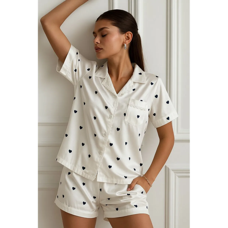 Women's Satin Pajama Set with Short Sleeves and Heart Print Lace Trim - Image 1