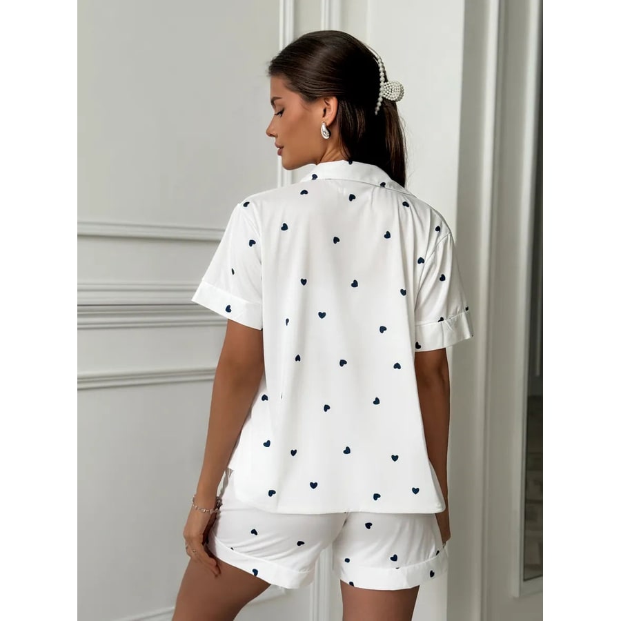 Women's Satin Pajama Set with Short Sleeves and Heart Print Lace Trim - Image 3