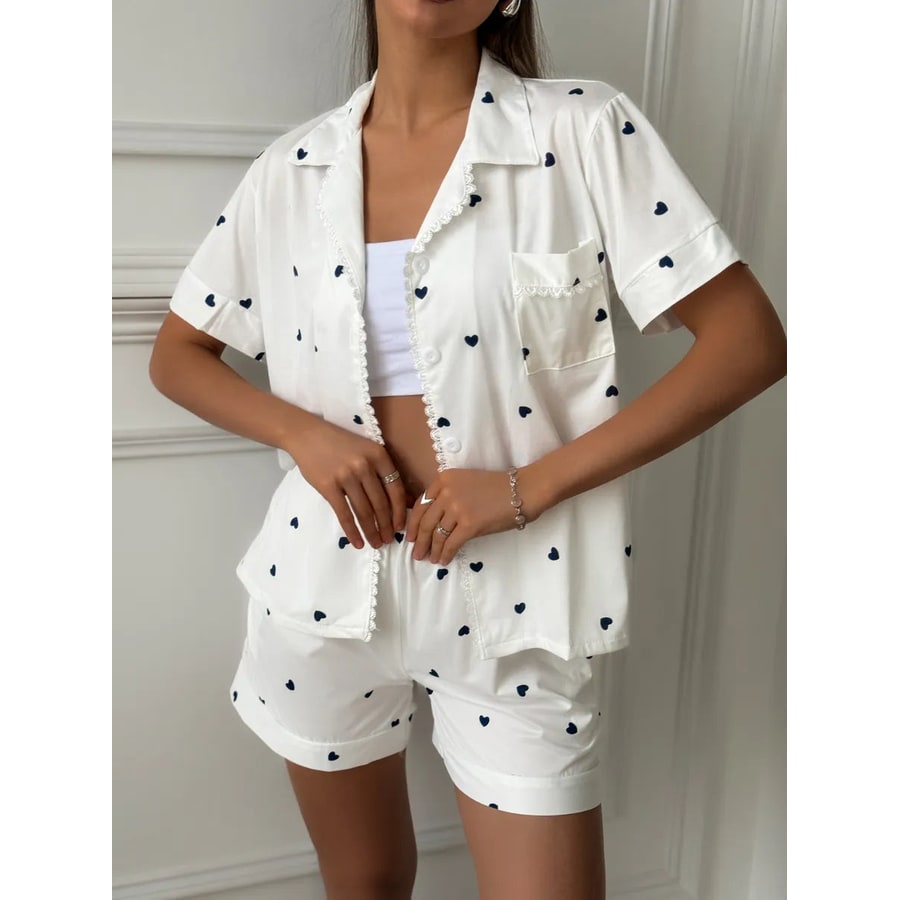 Women's Satin Pajama Set with Short Sleeves and Heart Print Lace Trim - Image 4