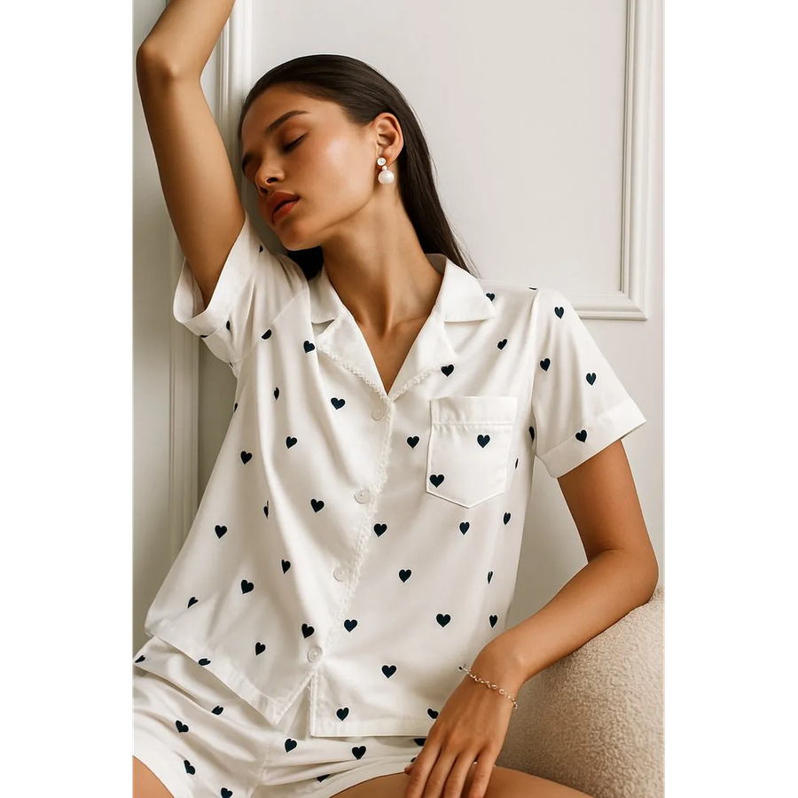 Women's Satin Pajama Set with Short Sleeves and Heart Print Lace Trim - Image 5