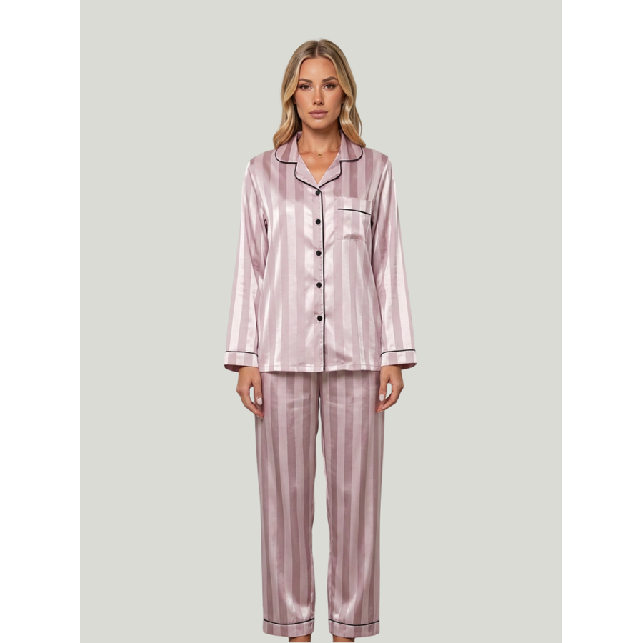 Women's Satin Pajama Set with Striped Button-Down Top and Matching Pants - Image 1