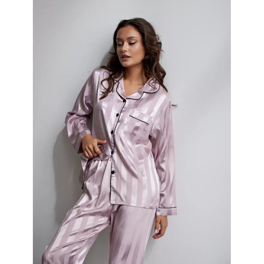 Women's Satin Pajama Set with Striped Button-Down Top and Matching Pants - Image 3