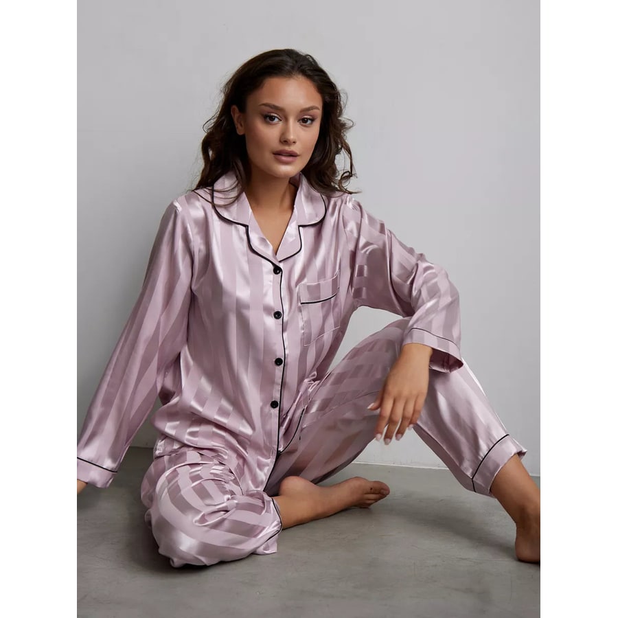 Women's Satin Pajama Set with Striped Button-Down Top and Matching Pants - Image 6