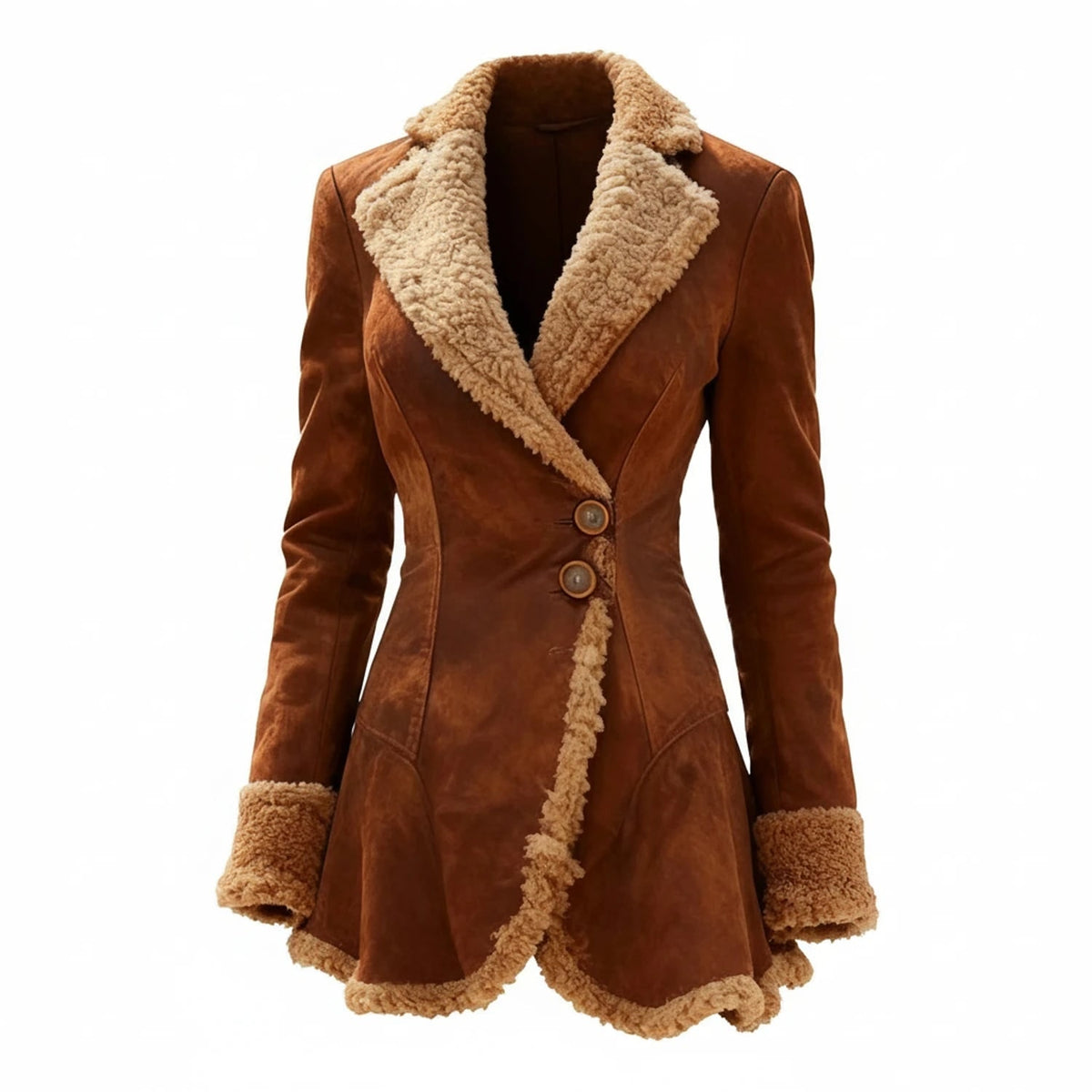 Women's Shearling Jacket with Faux Suede Exterior and Asymmetrical Hem - Image 1