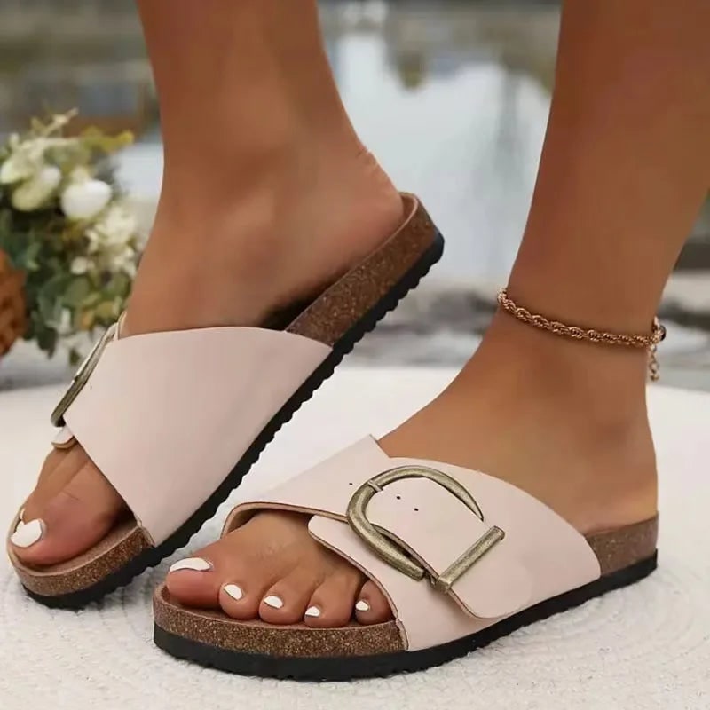 Women's Slide Sandals with Buckle Arch Support Flat Open Toe Slip Platform - Image 3