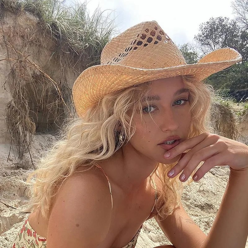 Women's Straw Cowboy Hat with Wide Brim and Ventilated Woven Crown - Image 5