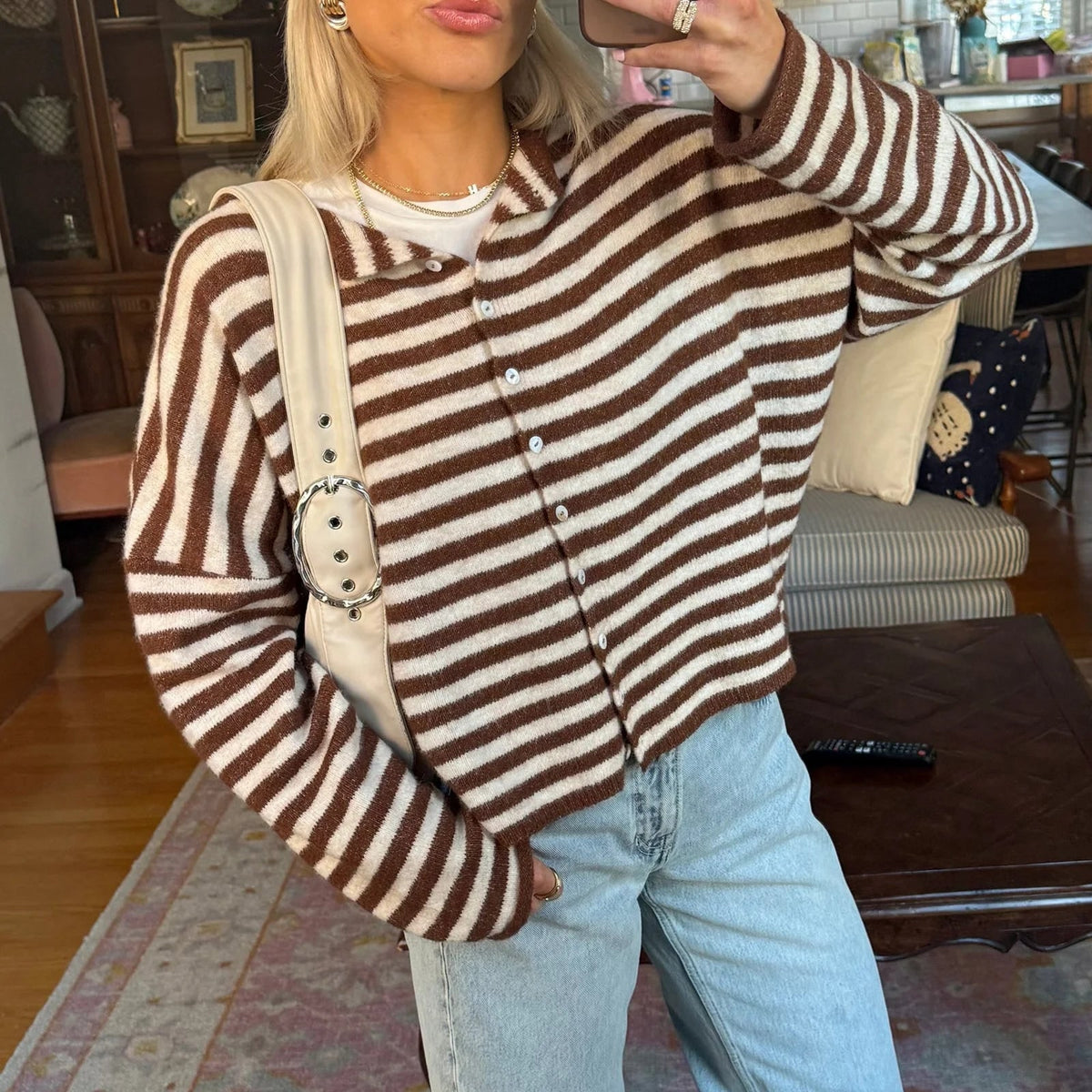 Women's Striped Button Up Cardigan Sweater with Horizontal Stripes and Polo Collar - Image 1
