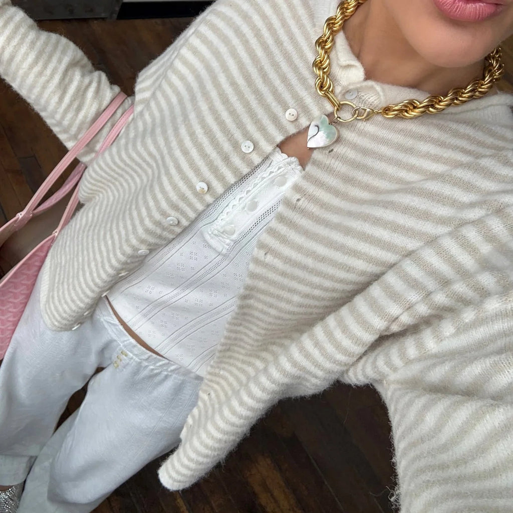 Women's Striped Button Up Cardigan Sweater with Horizontal Stripes and Polo Collar - Image 2