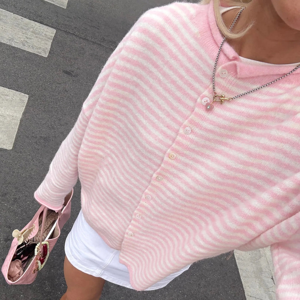 Women's Striped Button Up Cardigan Sweater with Horizontal Stripes and Polo Collar - Image 3