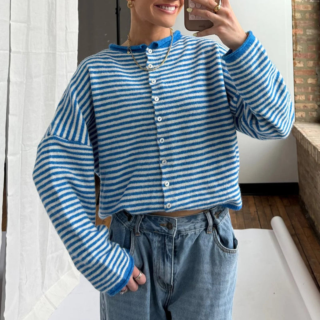 Women's Striped Button Up Cardigan Sweater with Horizontal Stripes and Polo Collar - Image 4