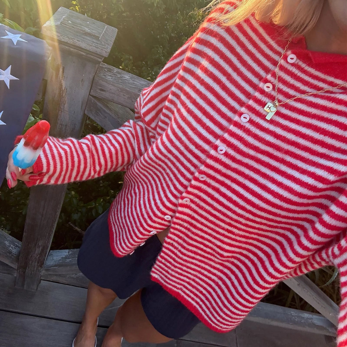 Women's Striped Button Up Cardigan Sweater with Horizontal Stripes and Polo Collar - Image 5
