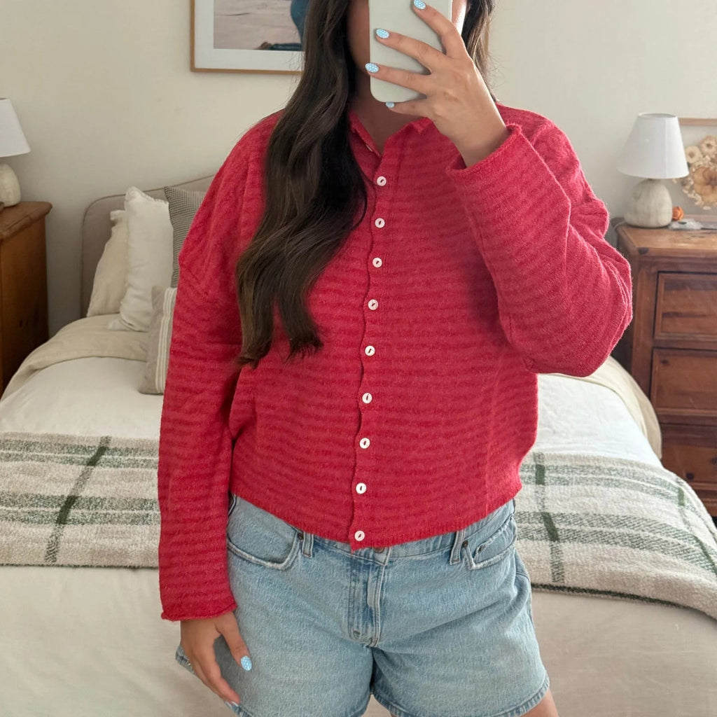 Women's Striped Button Up Cardigan Sweater with Horizontal Stripes and Polo Collar - Image 6