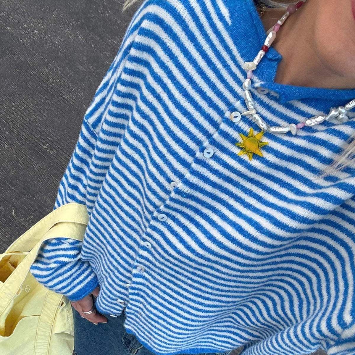 Women's Striped Button Up Cardigan Sweater with Horizontal Stripes and Polo Collar - Image 7