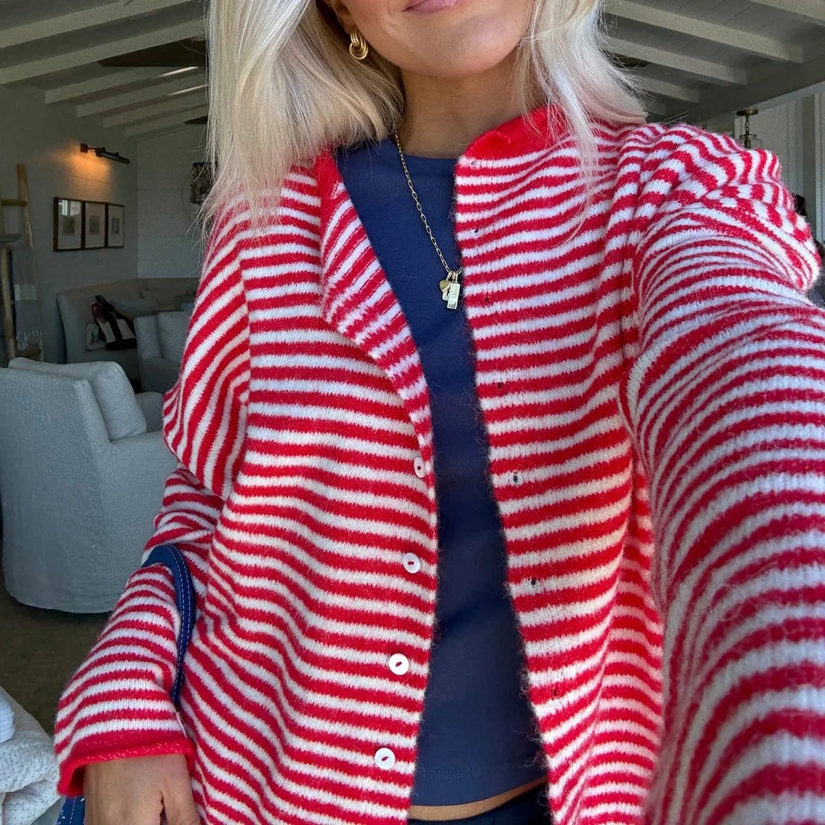Women's Striped Button Up Cardigan Sweater with Horizontal Stripes and Polo Collar - Image 8