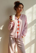 Women's Striped Long Sleeve Cotton Pajama Set with Heart Buttons - Image 1