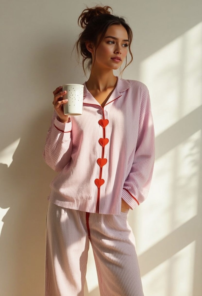 Women's Striped Long Sleeve Cotton Pajama Set with Heart Buttons - Image 1