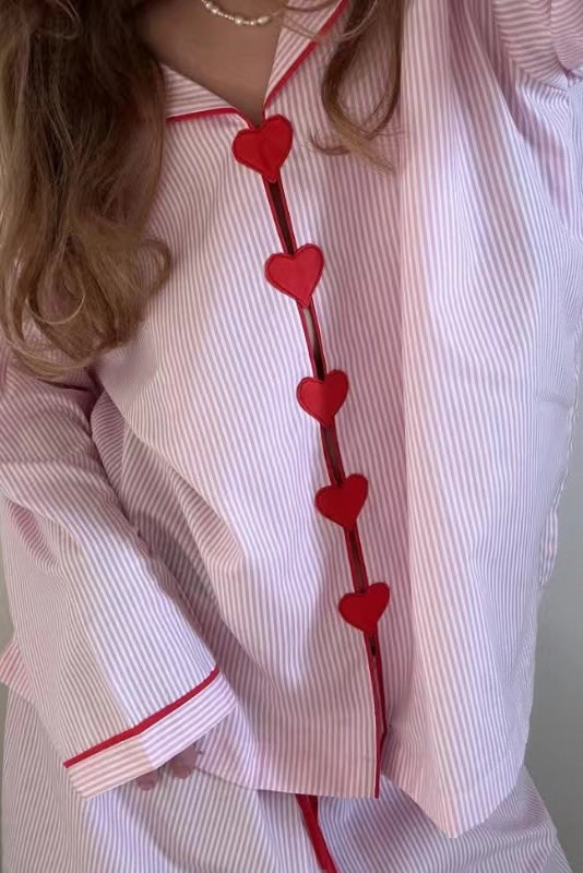 Women's Striped Long Sleeve Cotton Pajama Set with Heart Buttons - Image 2