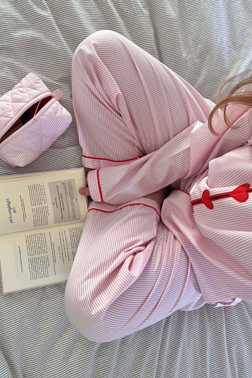 Women's Striped Long Sleeve Cotton Pajama Set with Heart Buttons - Image 6