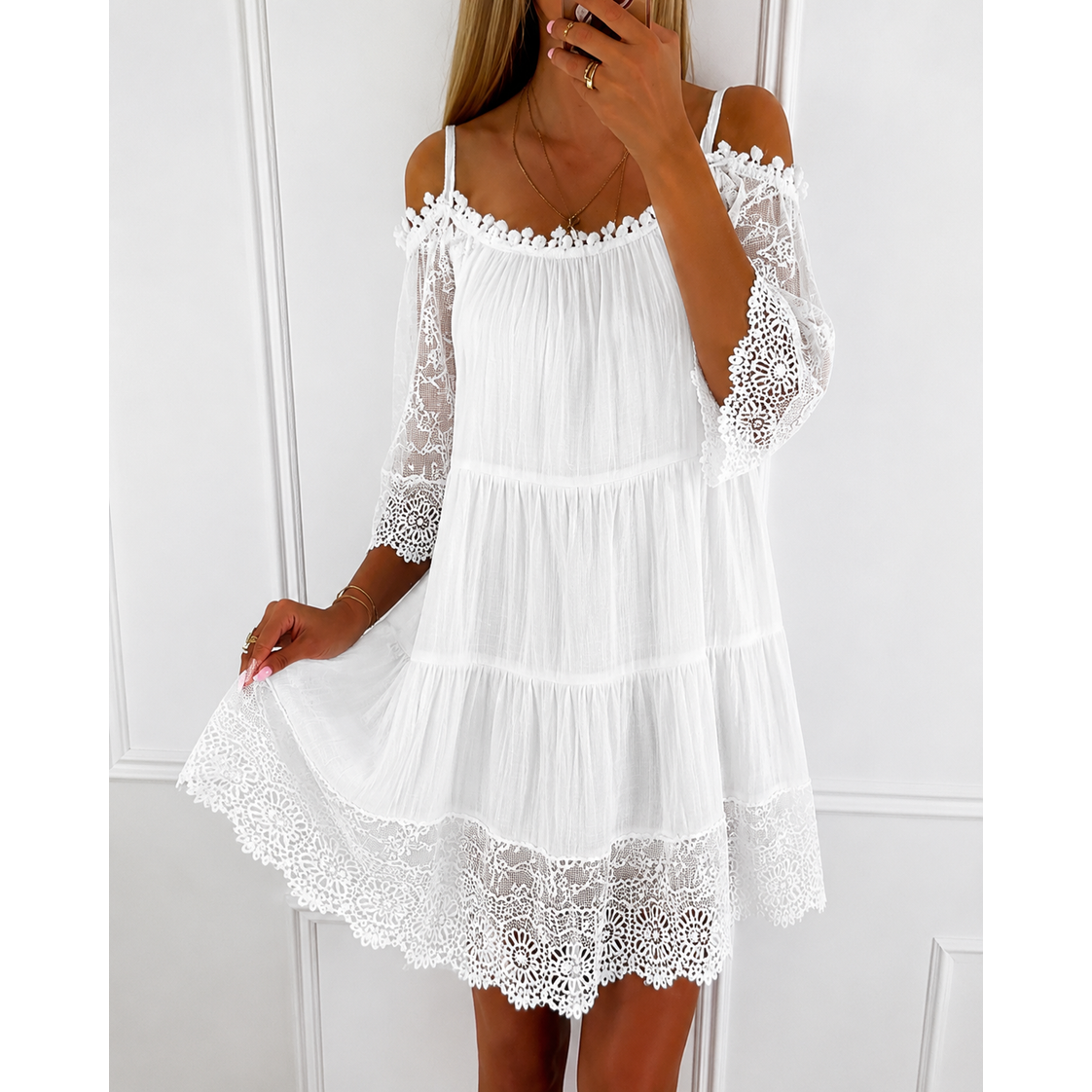 Women's Summer Homecoming Mini Dress with Cold Shoulder and Bell Sleeves - Image 5
