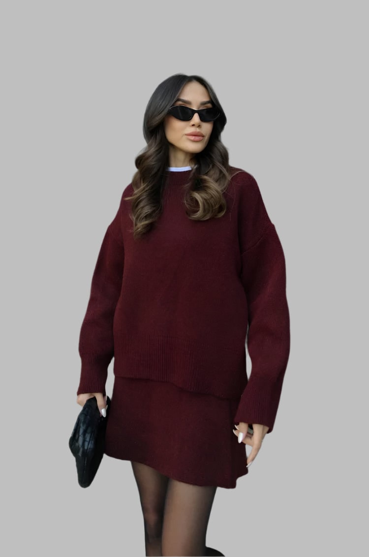 Women's Two Piece Knit Sweater and Mini Skirt Set with Crew Neck Oversized Fit - Image 1
