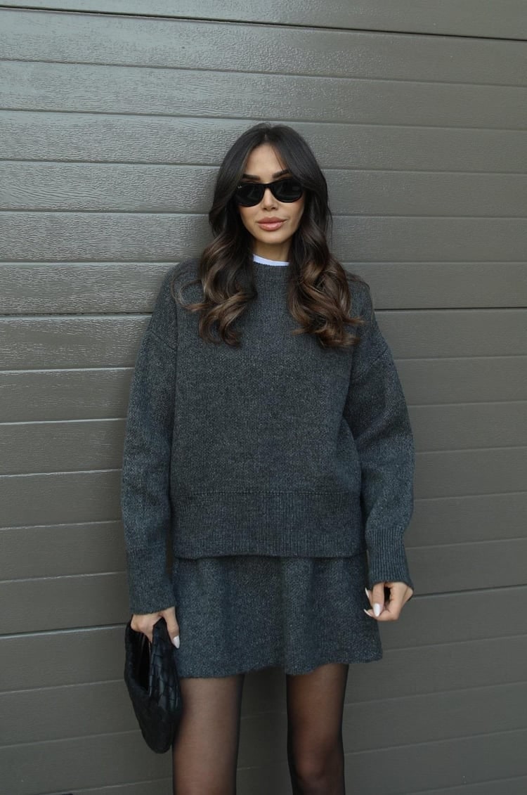 Women's Two Piece Knit Sweater and Mini Skirt Set with Crew Neck Oversized Fit - Image 17