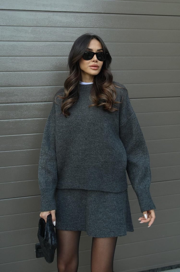 Women's Two Piece Knit Sweater and Mini Skirt Set with Crew Neck Oversized Fit - Image 19