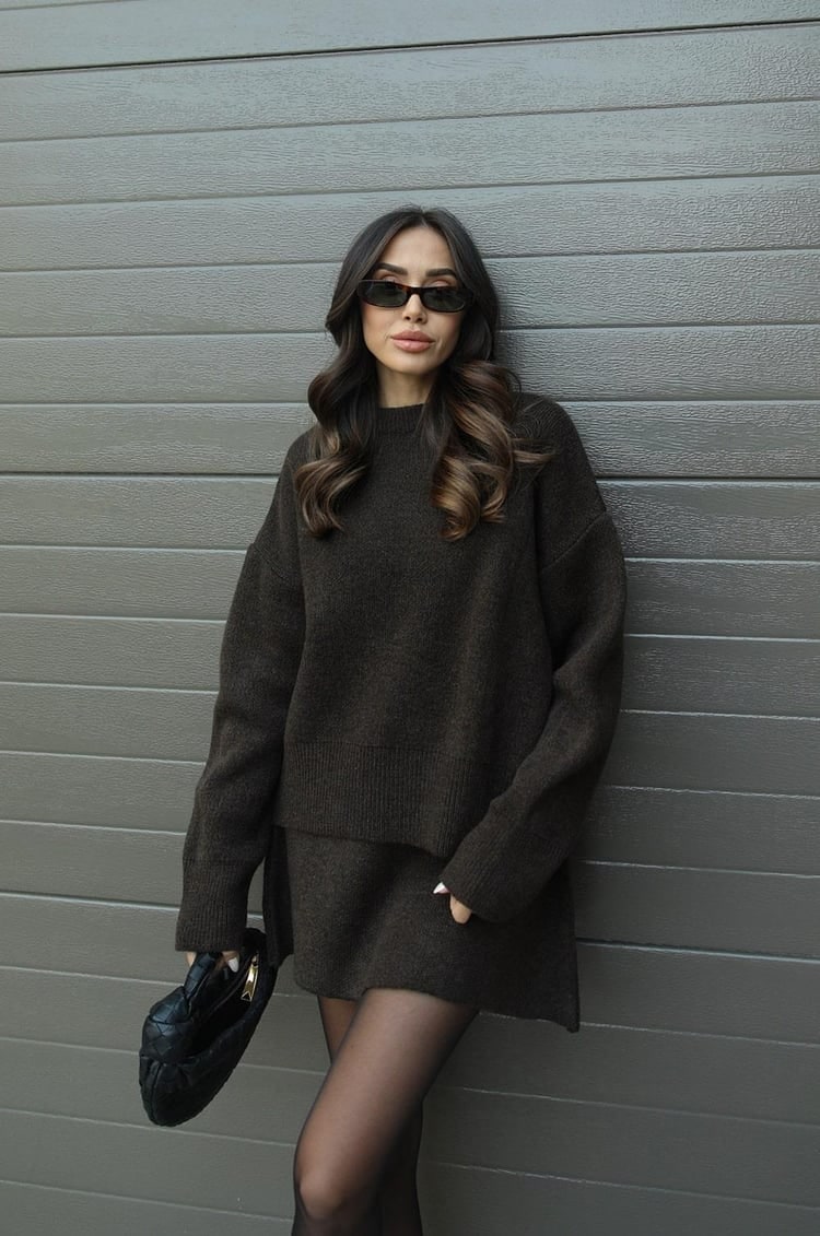 Women's Two Piece Knit Sweater and Mini Skirt Set with Crew Neck Oversized Fit - Image 23