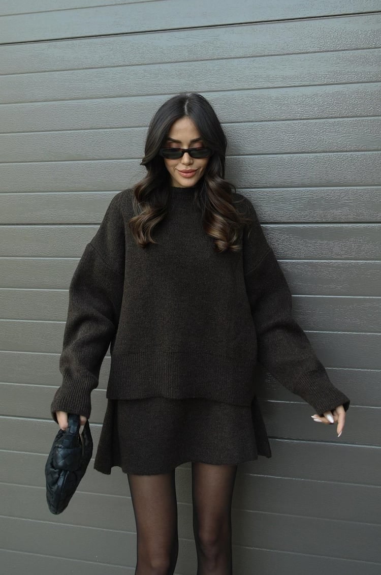 Women's Two Piece Knit Sweater and Mini Skirt Set with Crew Neck Oversized Fit - Image 25