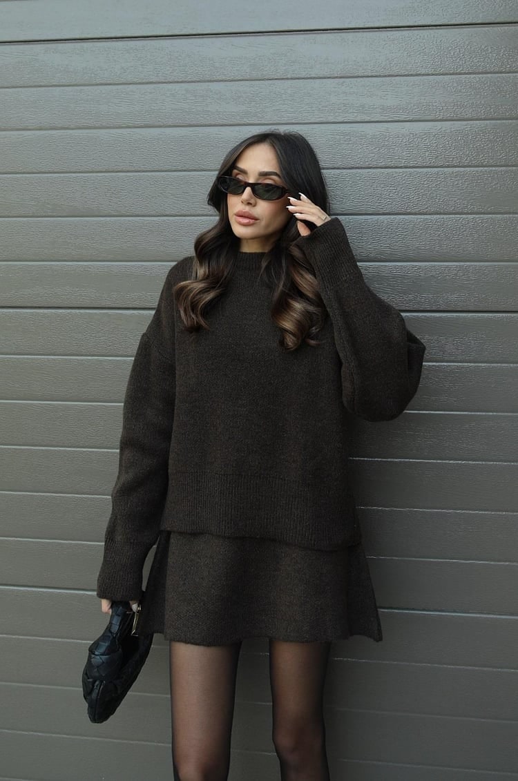 Women's Two Piece Knit Sweater and Mini Skirt Set with Crew Neck Oversized Fit - Image 26