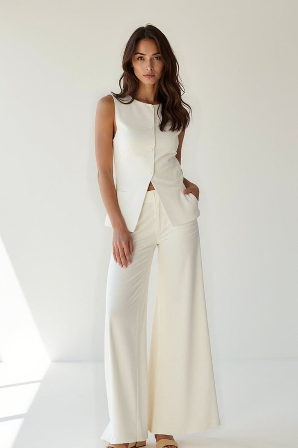 Women's Two Piece Linen Vest and Wide Leg Pants Set with Asymmetrical Hem - Image 1