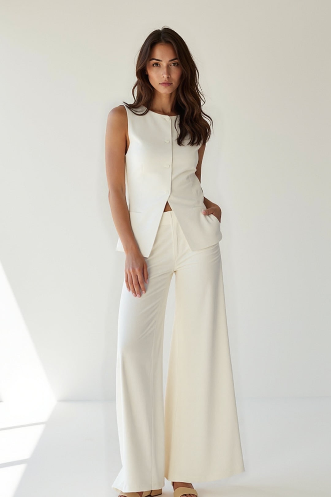 Women's Two Piece Linen Vest and Wide Leg Pants Set with Asymmetrical Hem - Image 1