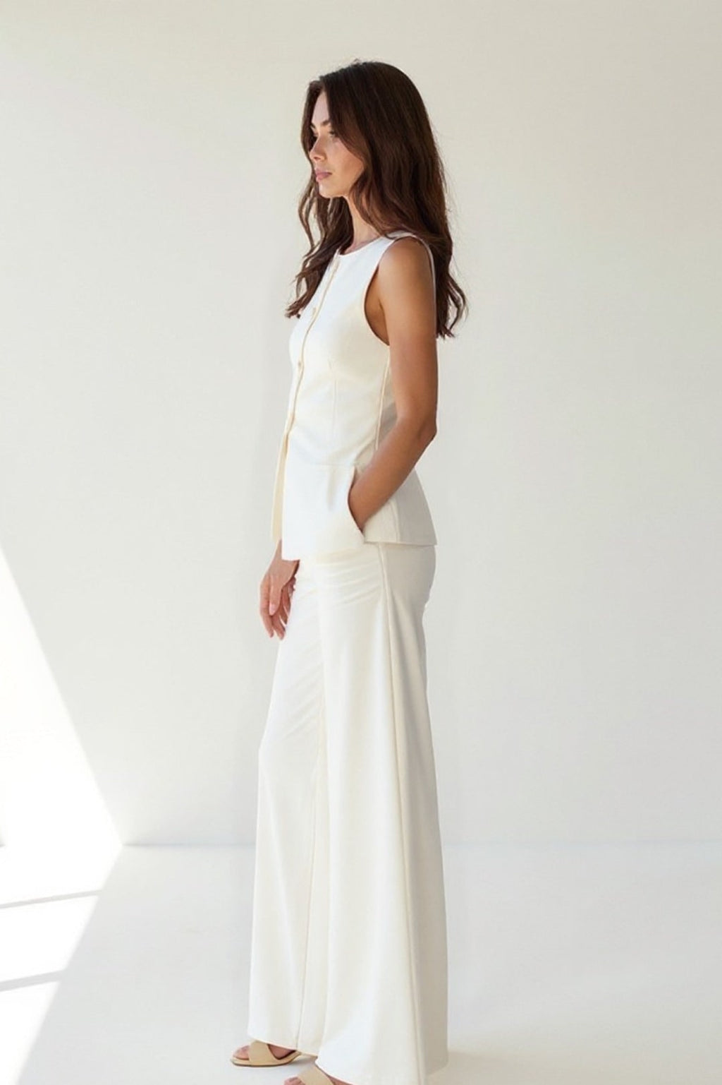 Women's Two Piece Linen Vest and Wide Leg Pants Set with Asymmetrical Hem - Image 2