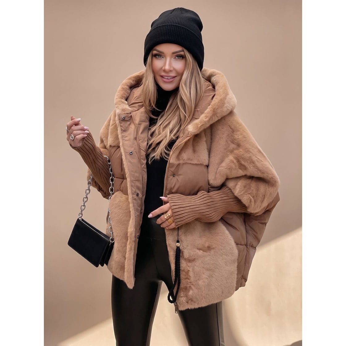 Women's Winter Coat with Quilted Puffer and Faux Fur Hood Oversized Hybrid Design - Image 1
