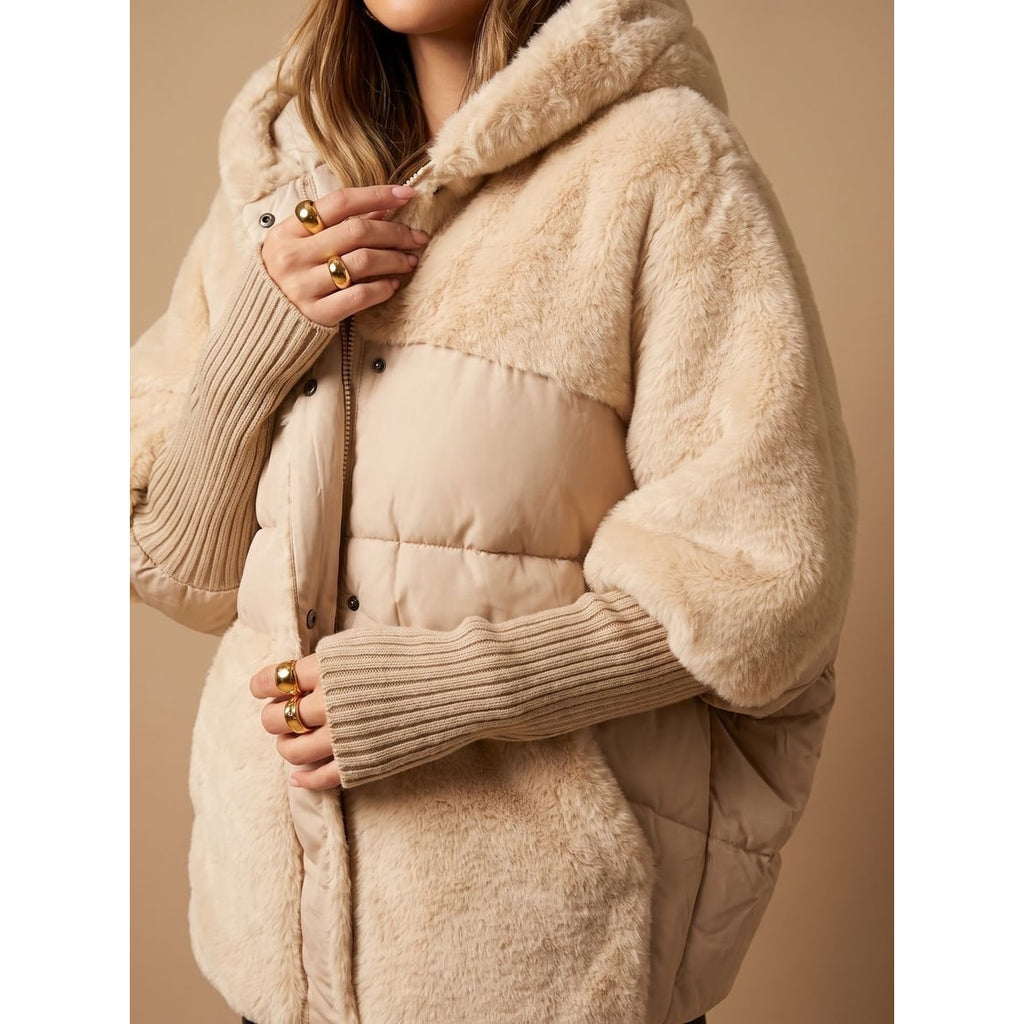 Women's Winter Coat with Quilted Puffer and Faux Fur Hood Oversized Hybrid Design - Image 2
